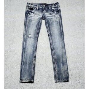 Premiere Rue21  Women Size 3/4 Skinny Denim Jeans Embroidered Fleur Delis Bling